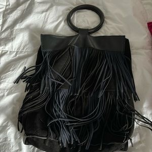 Black and blue fringe suede bag